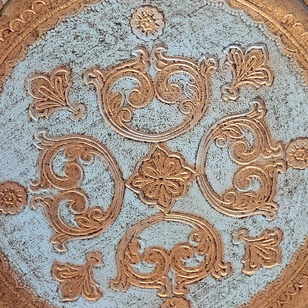 O.F.M. Florence Italy Florentine Wood Tray Gold Gilt Blue Scalloped 9.75